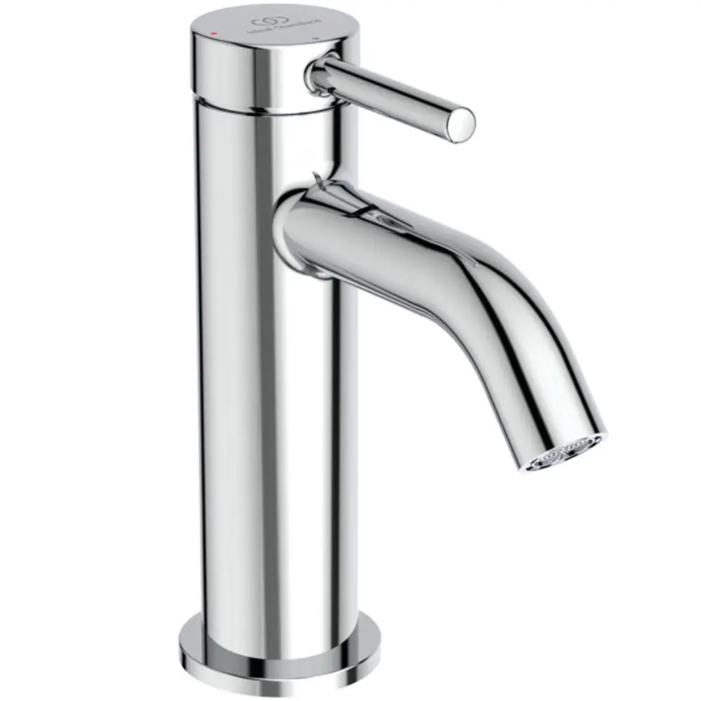 Chromfarbene Waschbeckenarmatur von Ideal Standard mit beweglichem Hebel und integriertem Push-Open-Ventil zur Steuerung des Wasserflusses.